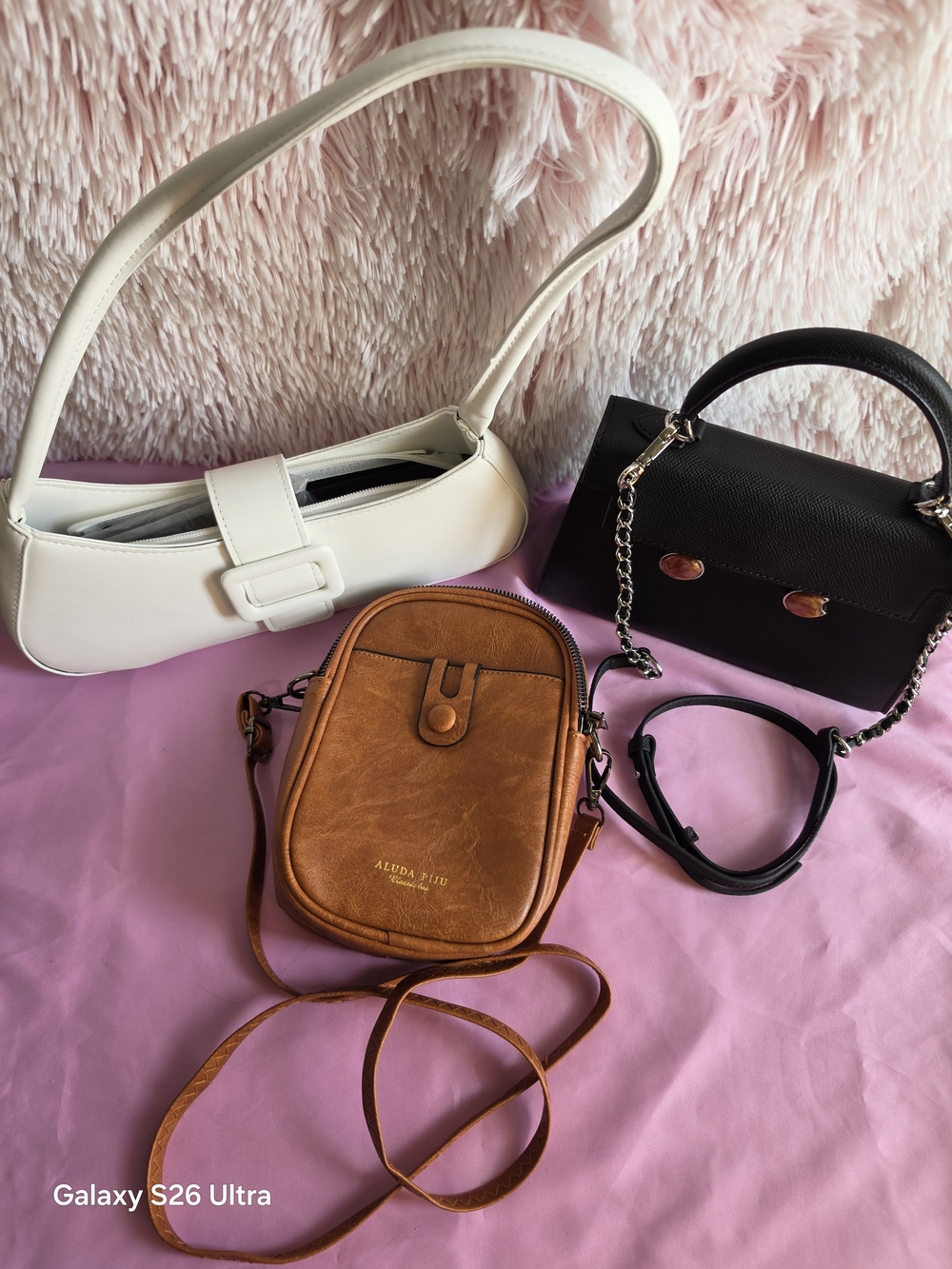 New 3-Piece Boutique Handbag Variety Bundle - Black Saffiano, White Shoulder